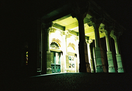 Nighttime photo of the entrance to Brighton Pavillion