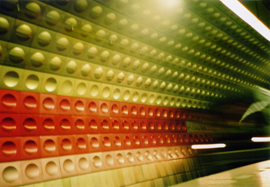 Photo of the colourful walls of Prague Metro