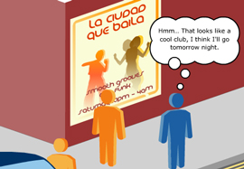 Illustrated stick-figures look at a poster for a nightclub