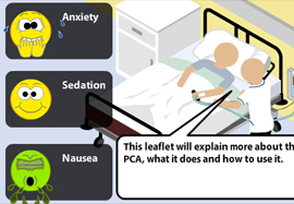 Screenshot from the Virtual Pain Manager simulation showing a hospital patient in bed